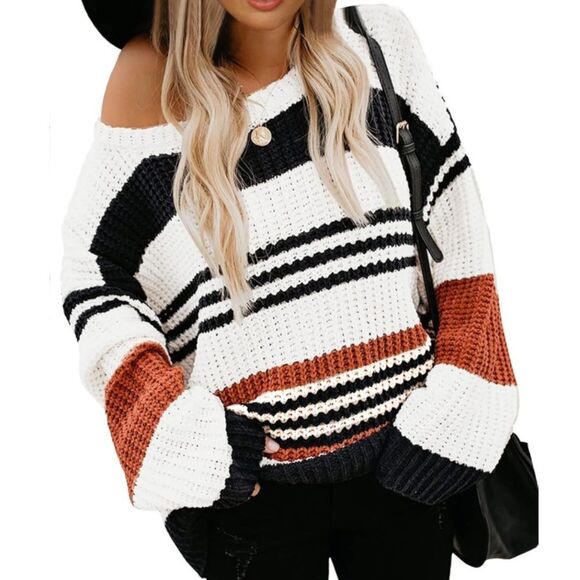 Color-Block Striped Knit Sweater - Black, White, Orange - Picture 1 of 9